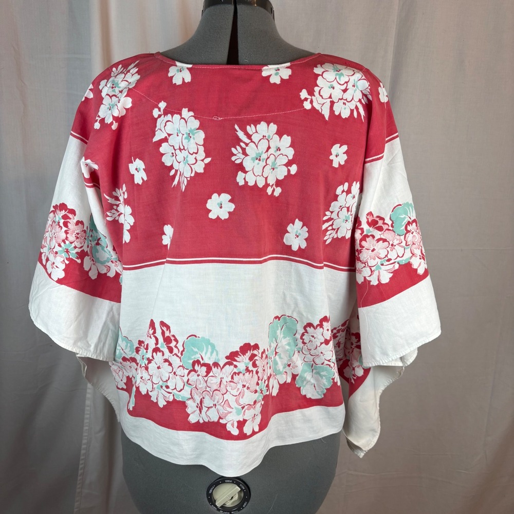 OS Plus Vintage Handmade Floral Tablecloth Caftan Top Red Wht Turquse Split Neck - Picture 5 of 14